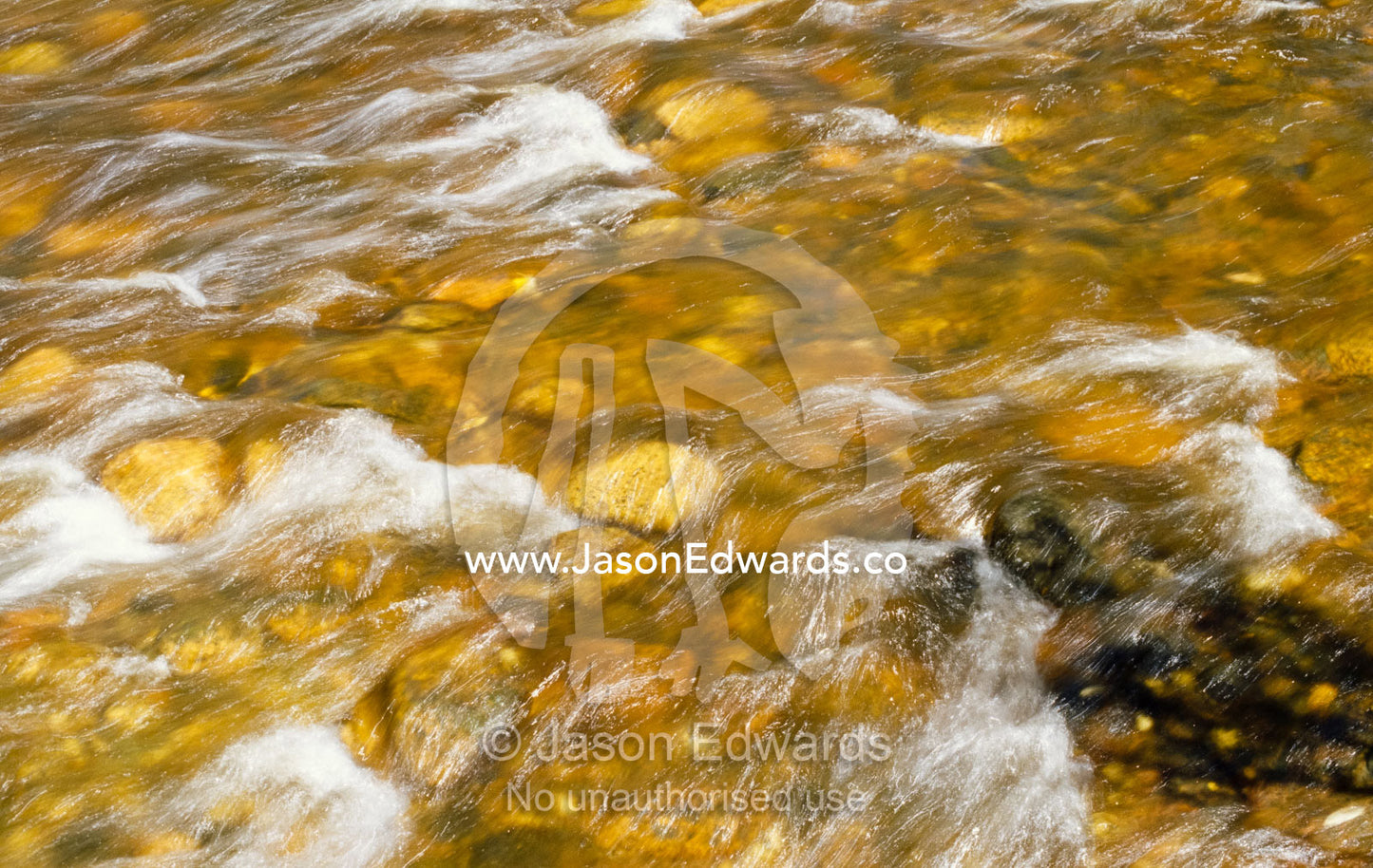 Cobungra River rapids splash on rocks and pebbles in an alpine forest. Cobungra River, Victoria, Australia.