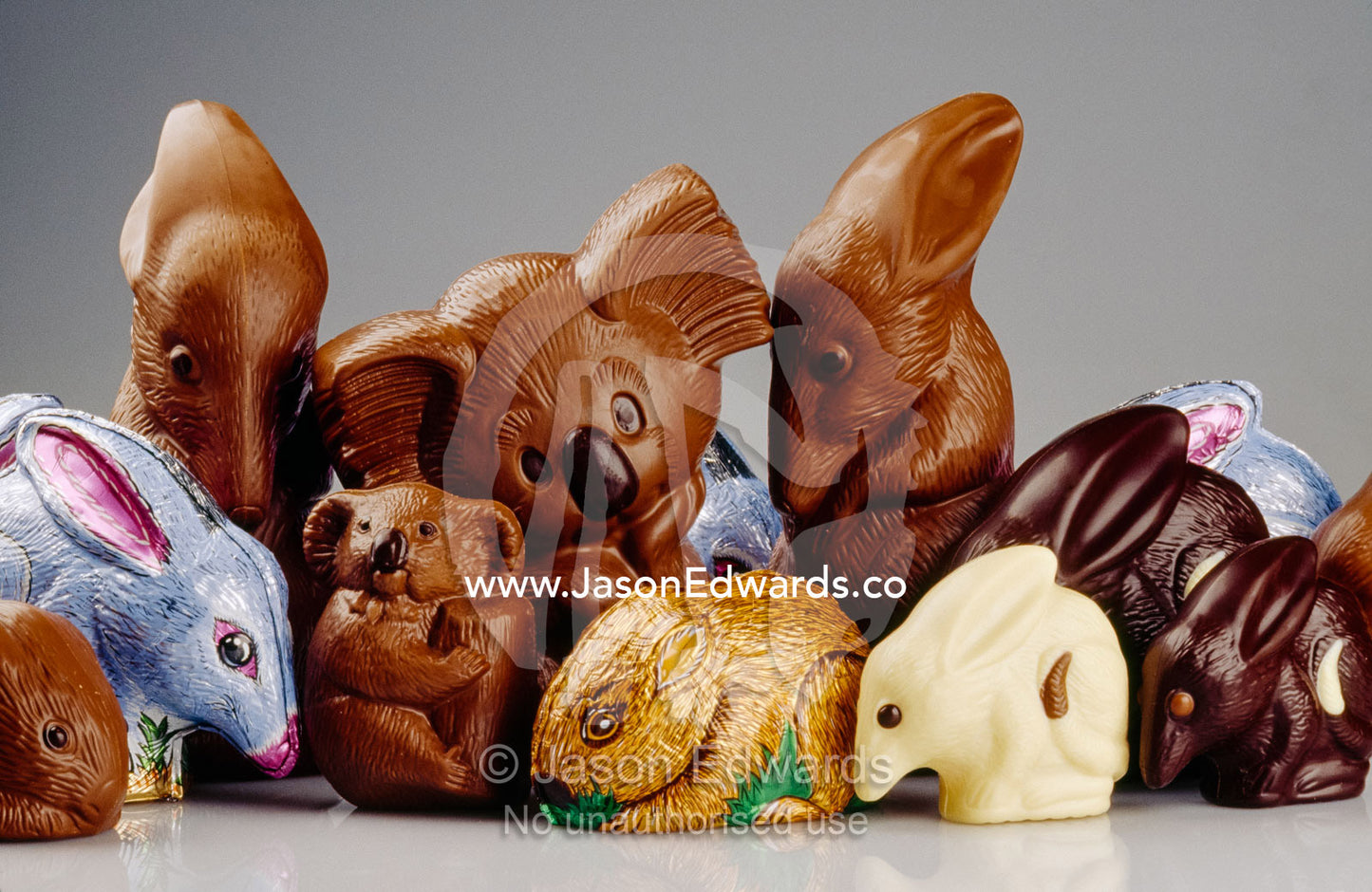 Chocolate bilbies, koalas and wombats produced for Easter. Oakley, Victoria, Australia.