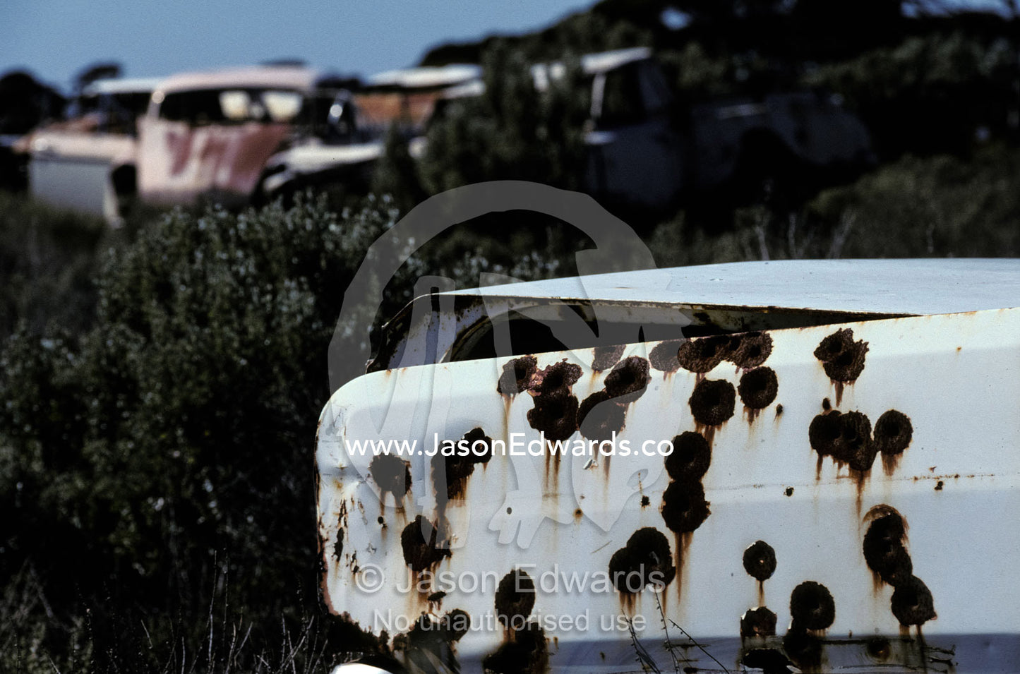 An abandoned car wreck with rusting bullet holes used as a target. Konalda Station, Nullabor Plain, South Australia.