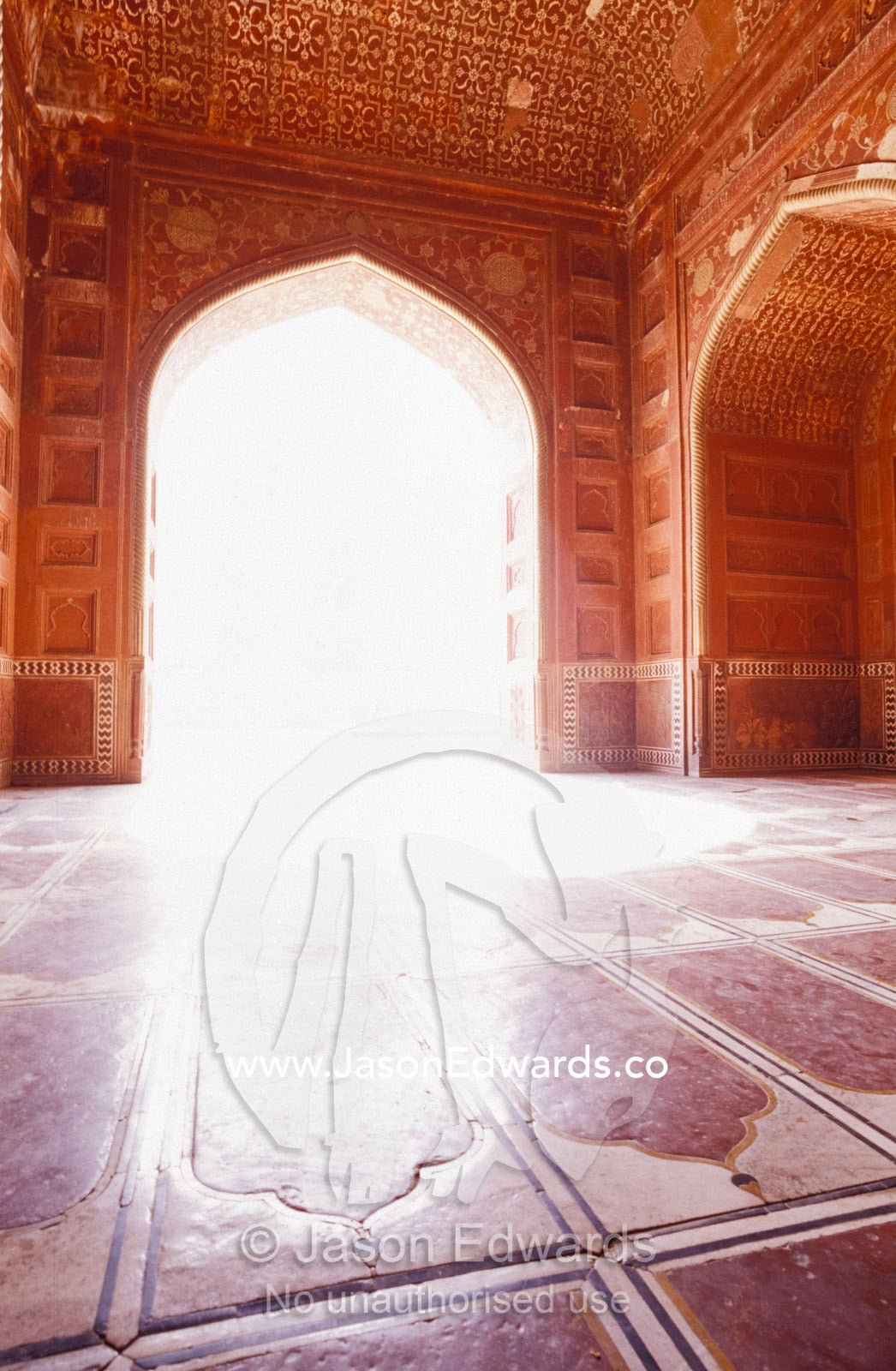 Intricate carved floor and ceiling of the sandstone Taj Mahal Mosque. Agra, India.