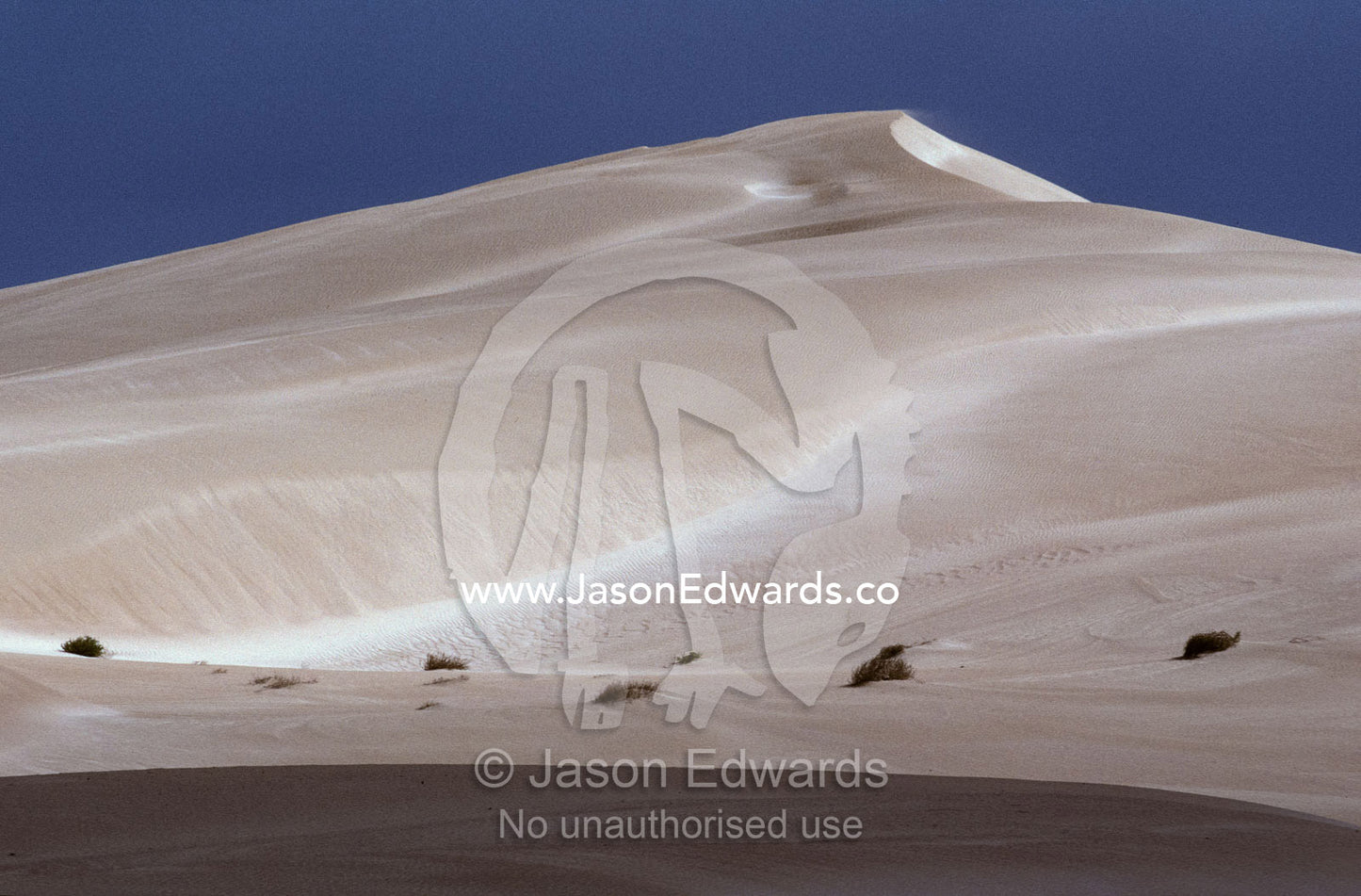 A vast coastal, white gleaming sand dune against a hazy blue sky. Near Cactus Beach, South Australia.