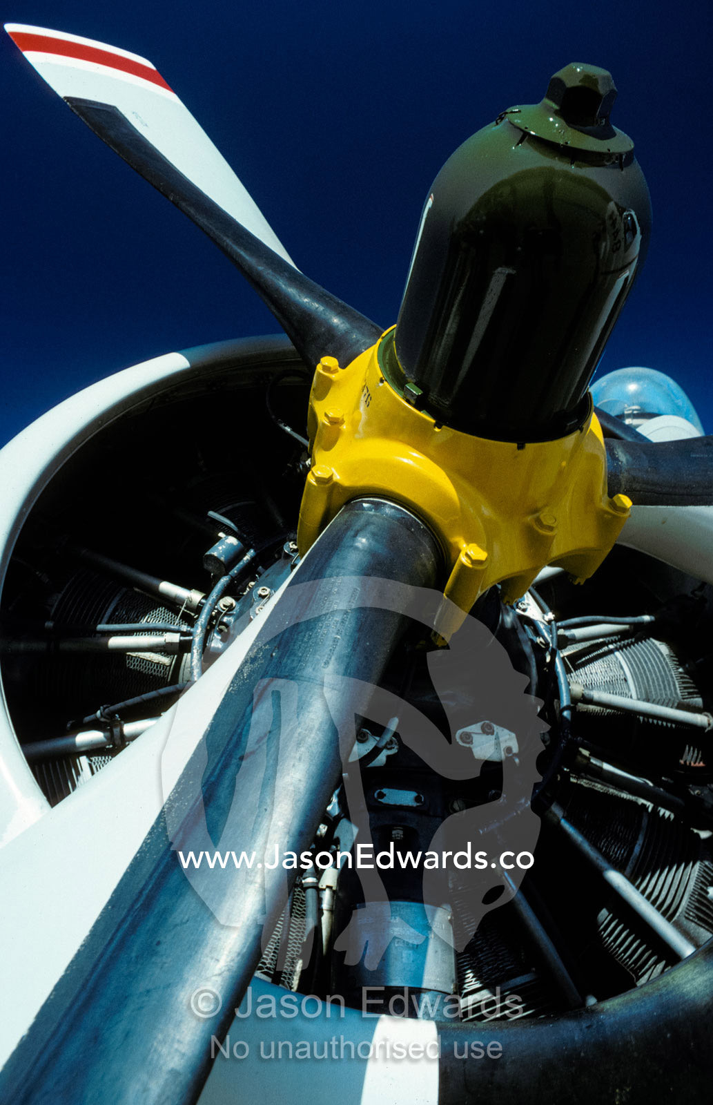 Closeup of a military Grumman Tracker engine and propeller. Avalon International Airshow, Victoria, Australia.