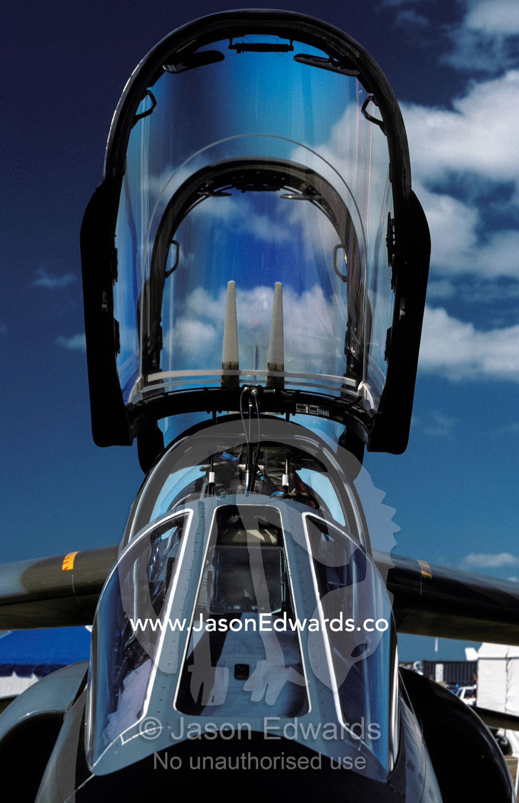Closeup of a French Dassault Alpha Jet fighter cockpit and canopy. Avalon International Airshow, Victoria, Australia.