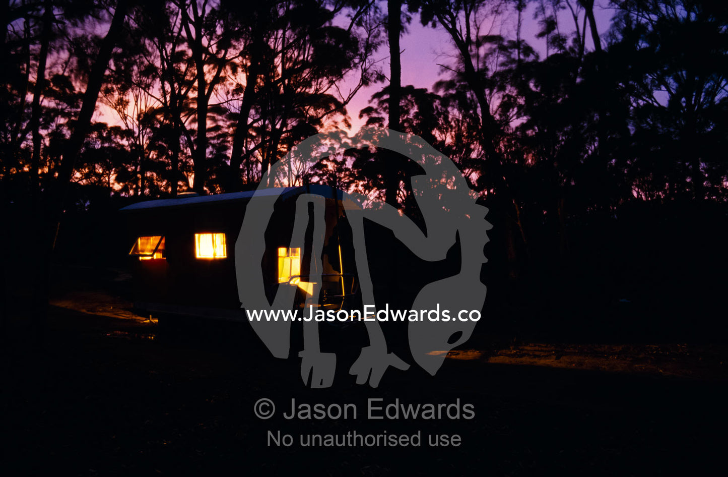 A welcoming lit up Gypsy Wagon in the forest at sunset. Near Rheola, Central Victoria, Australia.