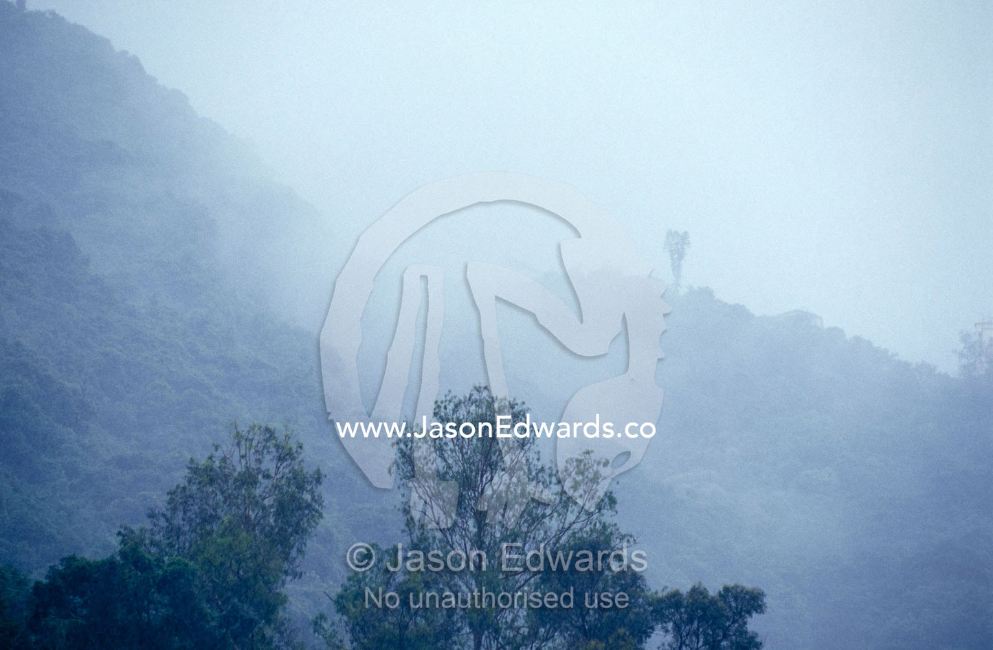 A rainstorm descends on a forested hillside overlooking Hong Kong. Hong Kong Island, Hong Kong.