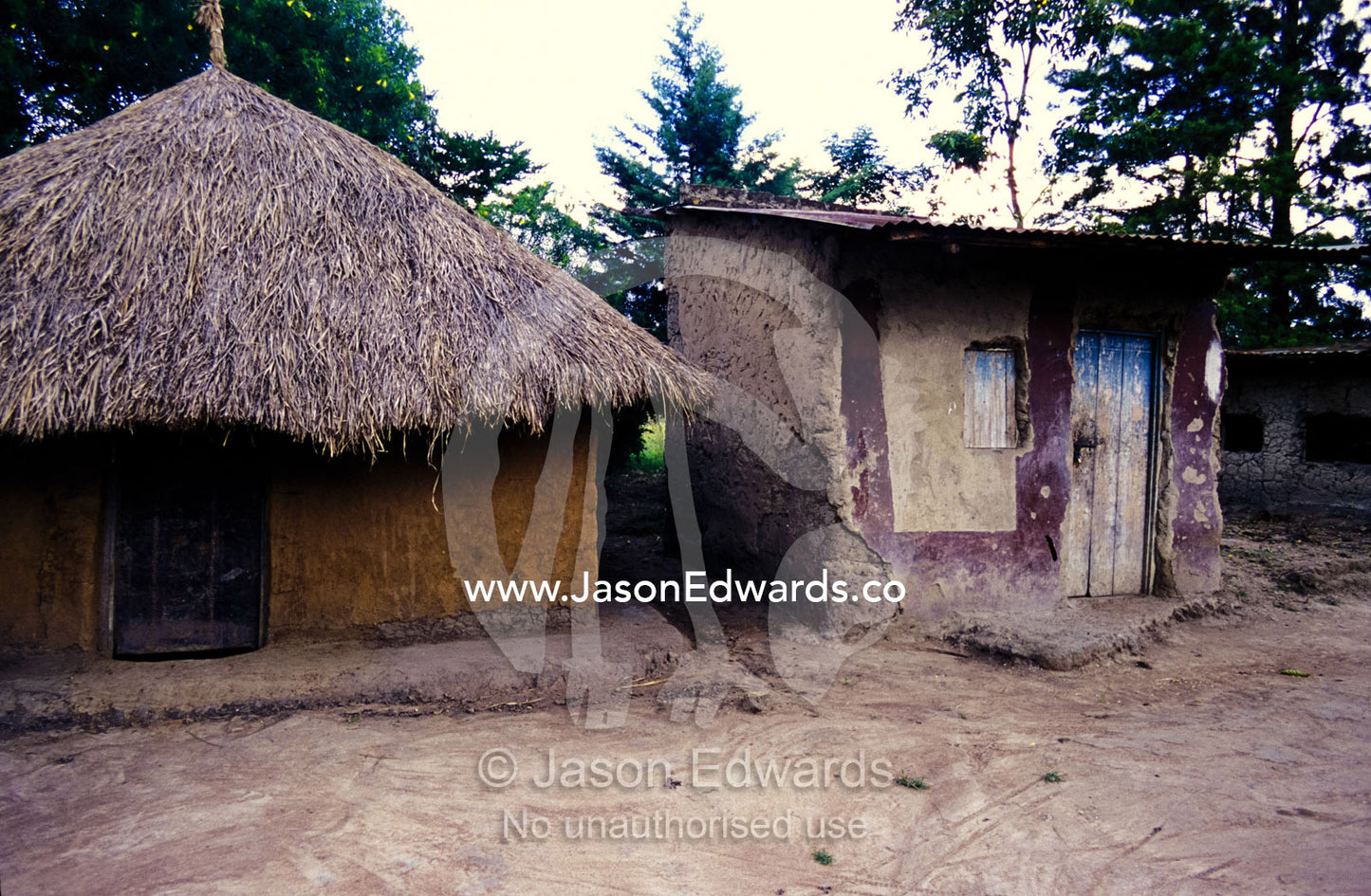 A thatched hut and a tool shed in a small African village. Tororo District, Uganda.