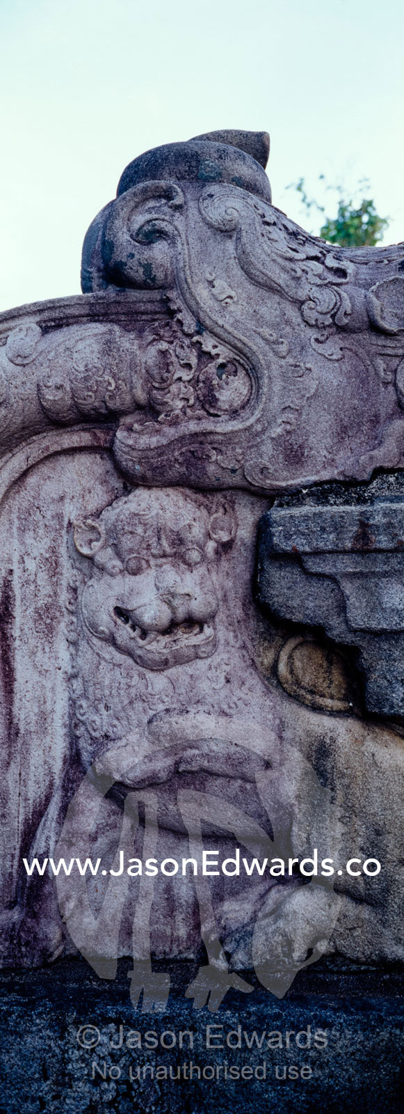 A dragon and lion statue at the Vatadage Temple, the Round House. Polonnaruwa Ancient City, Sri Lanka.