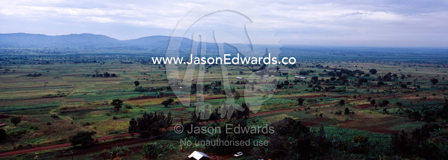 An aerial view of rich, lush African farmland and village huts. Tororo District, Uganda.