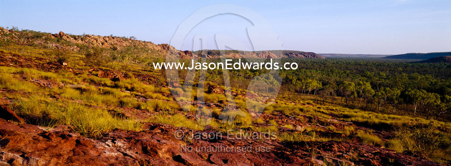 Open woodland and spinifex grasslands dominate a vast, ancient valley. Limmen National Park, Northern Territory, Australia.