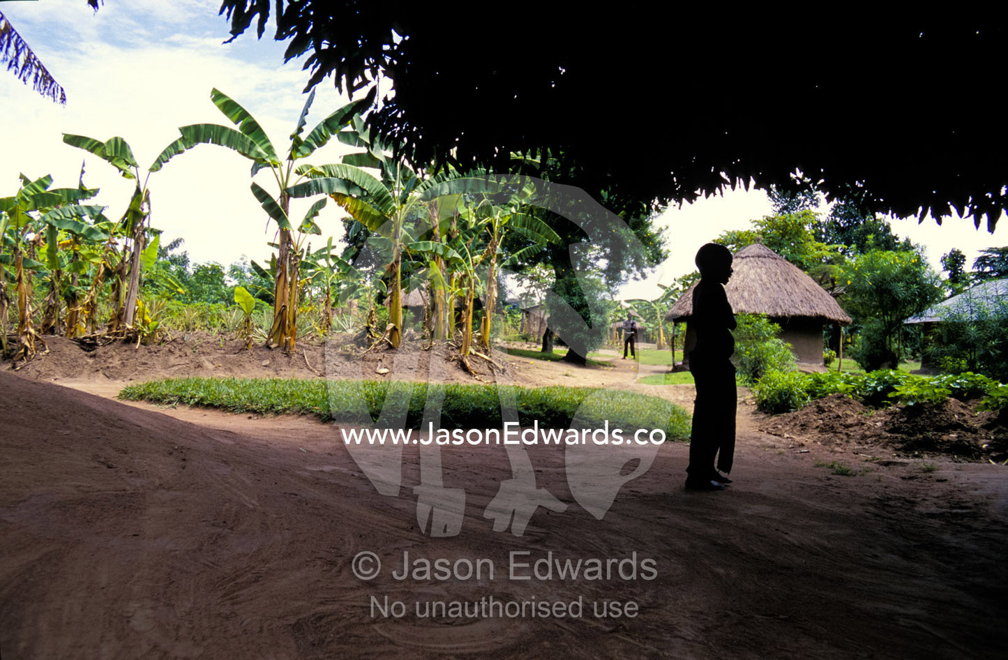 A young boy shelters from the sun beneath a tree in a rural village. Tororo District, Uganda.