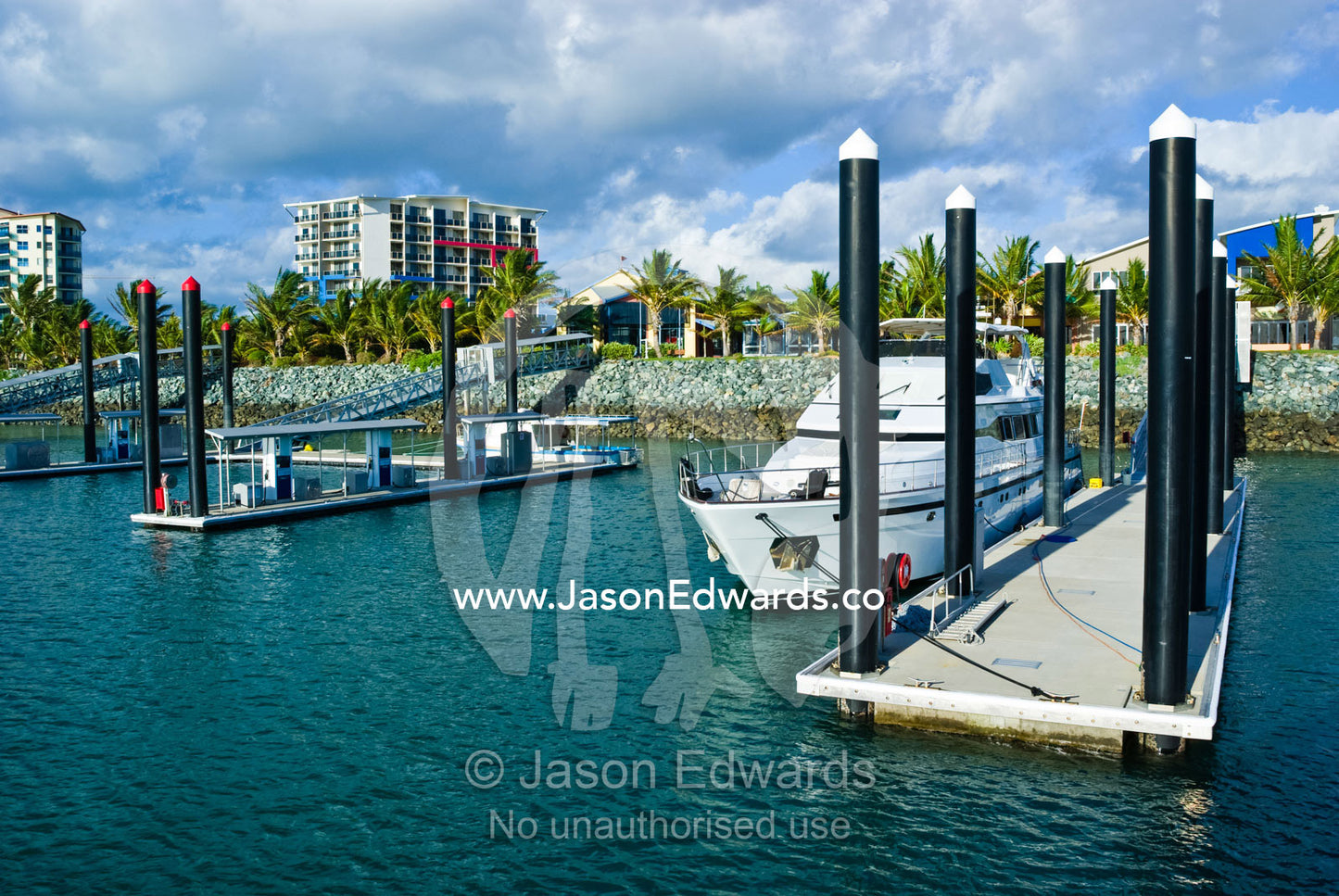 A modern marina and boat refueling station in tropical Queensland. Mackay Marina Village and Shipyard, Mackay, Queensland, Australia.