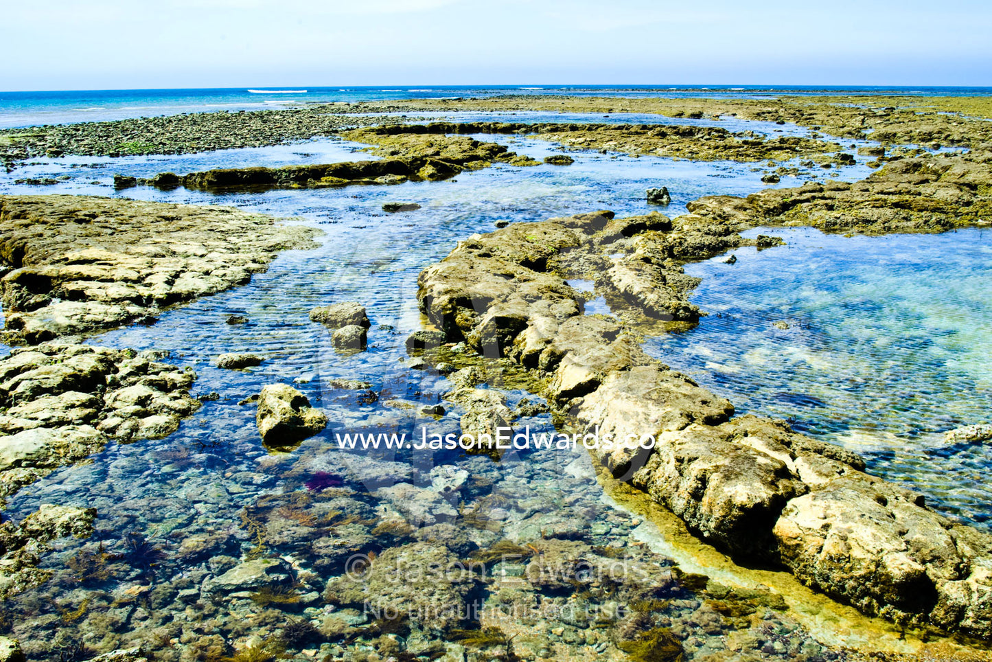 A rocky foreshore and tidal pools exposed to the sun at low tide. Cosy Corner, Torquay, Victoria, Australia.