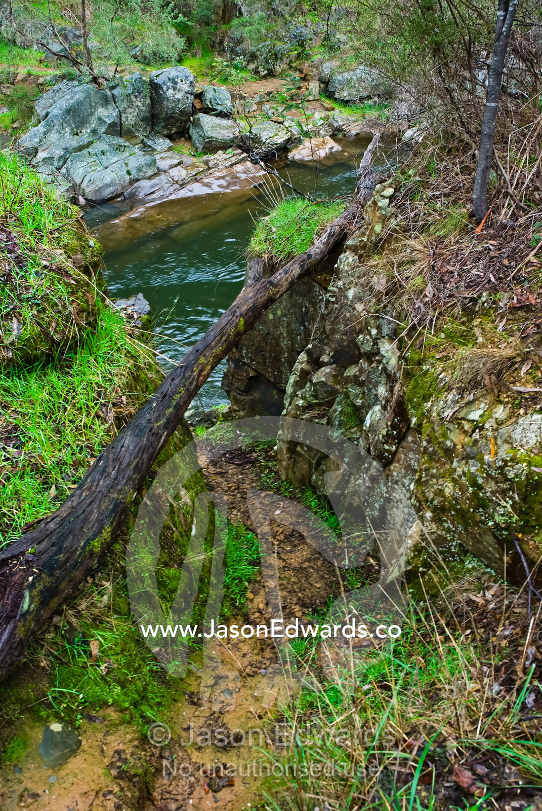 Workings from a nineteenth century gold mine cut into a granite cliff. Ovens River, Bright, Victoria, Australia.