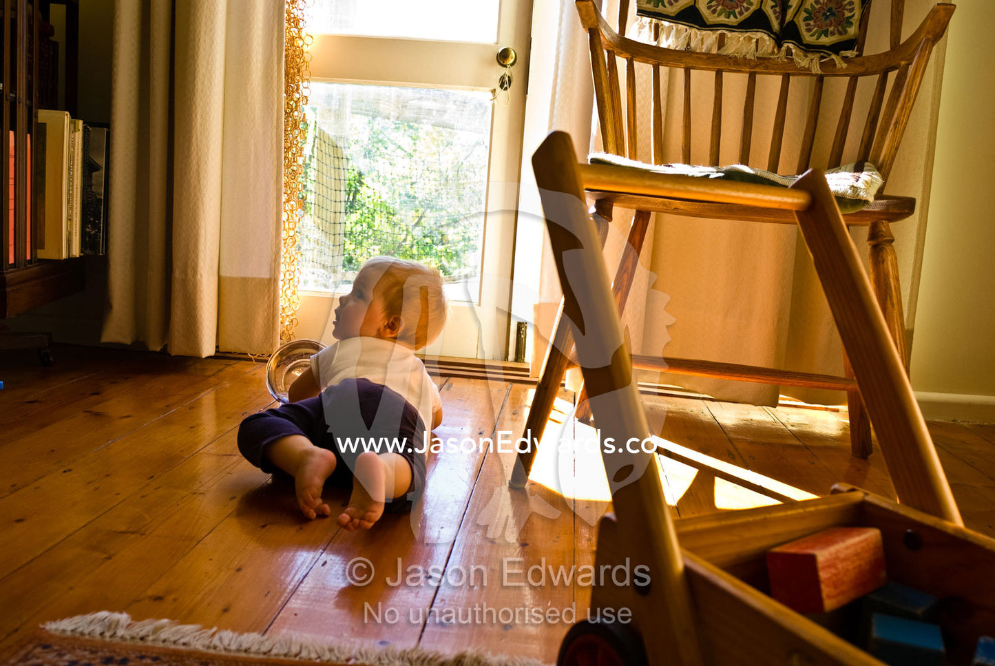 A baby crawling along the floor tips over a dogs water bowl for fun. Castlemaine, Victoria, Australia.