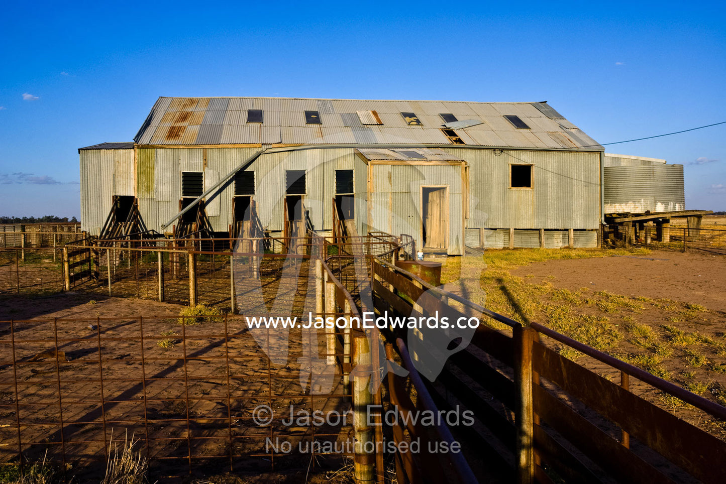 Late afternoon falls on the corrugated tin of an antique shearing shed Mundiwa Station, Deniliquin, New South Wales, Australia.
