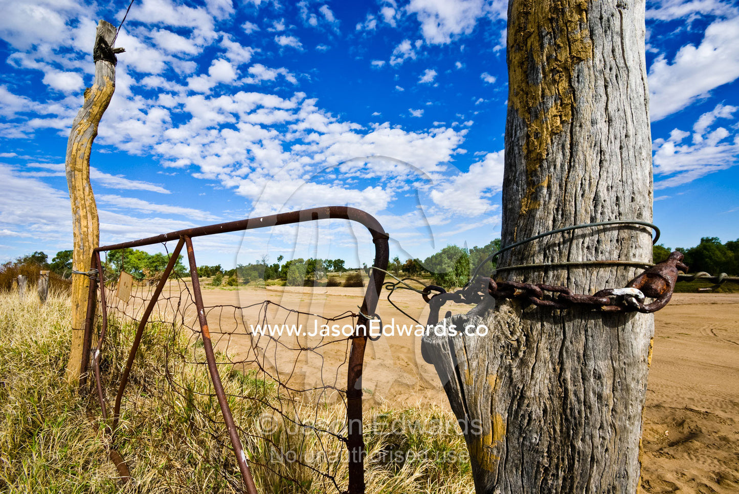 Old tree stumps support an antique steel gate to dry farmland pasture. Hughenden, Queensland, Australia.