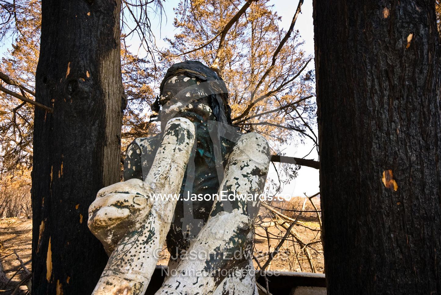 Ornamental statue of an Aborigine playing a didgeridoo burnt in a fire Near Humevale, Kinglake National Park, Victoria, Australia