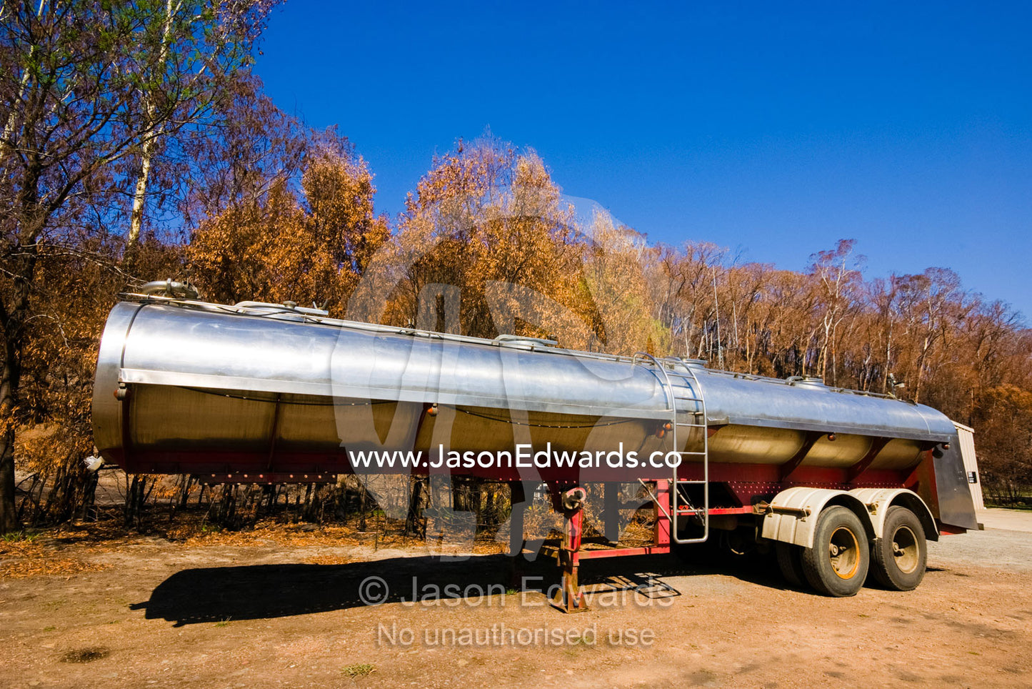 A large stainless steel tanker used to store water for fire fighting. Hazeldene, Victoria, Australia