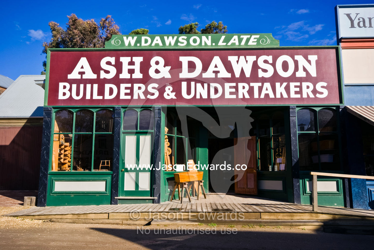 Coffins for sale at an undertakers shop in a gold mining town. Ballarat, Victoria, Australia.
