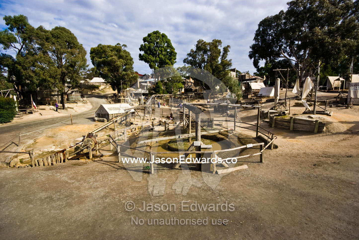 Colonial gold mine diggings and workings around a small stream. Ballarat, Victoria, Australia.