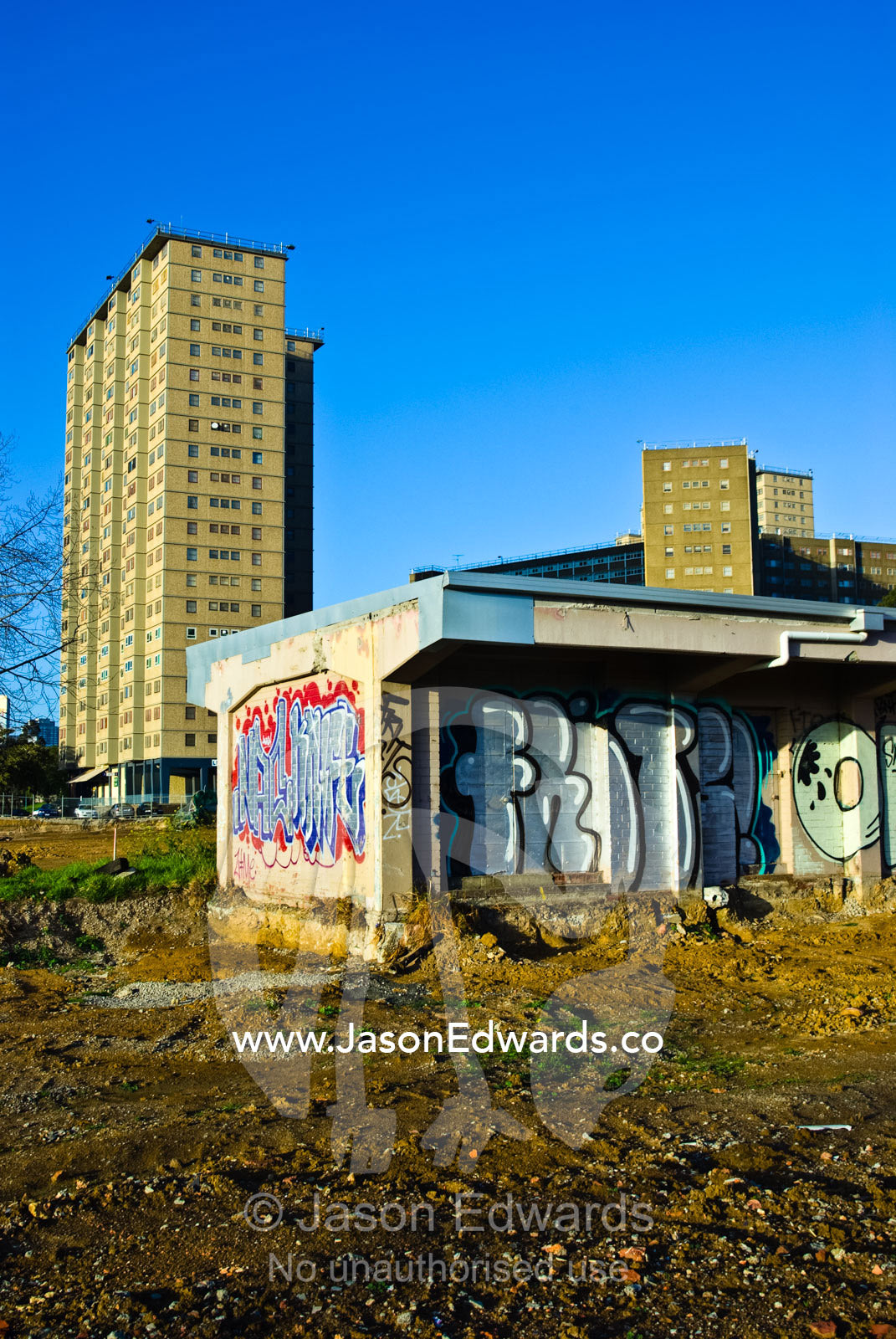 Graffiti covers a building where government housing is being demolished Carlton, Victoria, Australia