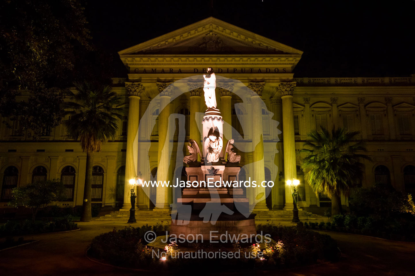A fountain stands before the columned entry of the National Congress. National Congress, Edificio del Ex Congreso Nacional, Santiago, Chile