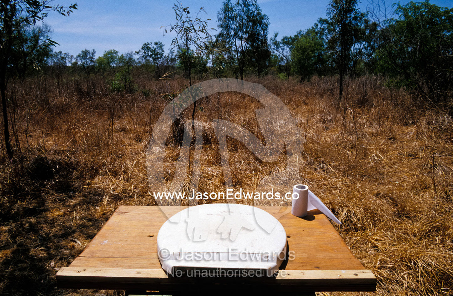 A portable camping toilet set-up in the Top End outback scrub. Limmen National Park, Gulf of Carpentaria, Northern Territory, Australia