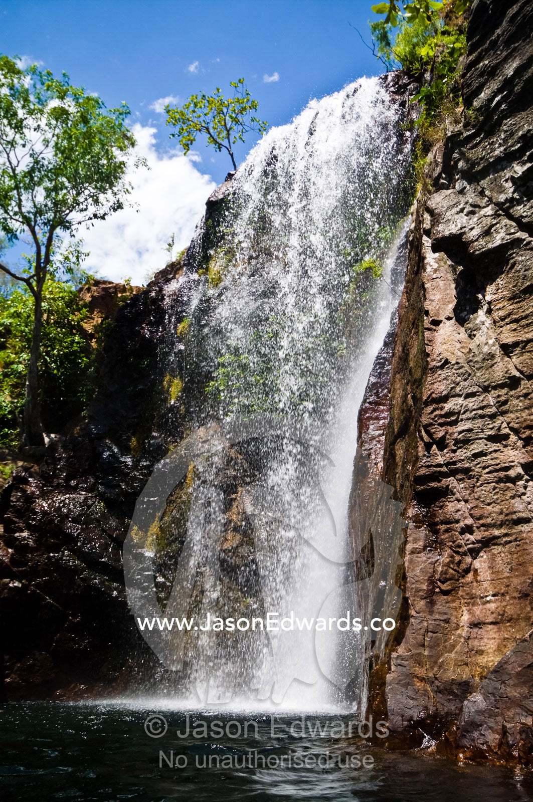 Pristine Florence Falls cascade over a remote sandstone escarpment. Florence Falls, Litchfield National Park, Northern Territory, Australia.