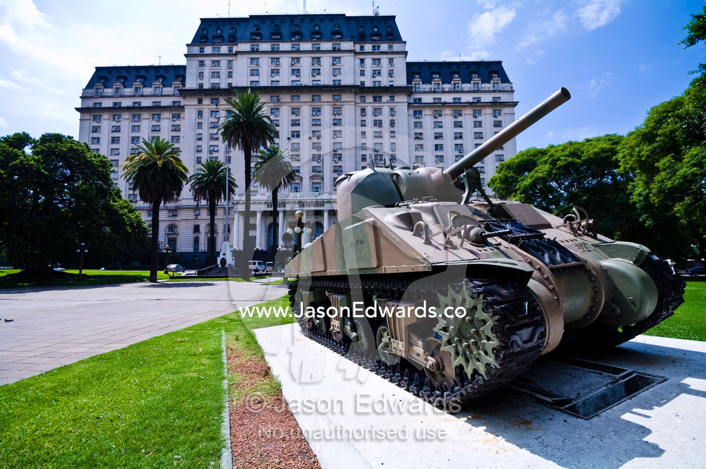 The Libertador Building, the Ministry of Defense and an army tank. The Libertador Building, Edificio Libertador, Buenos Aires, Argentina.