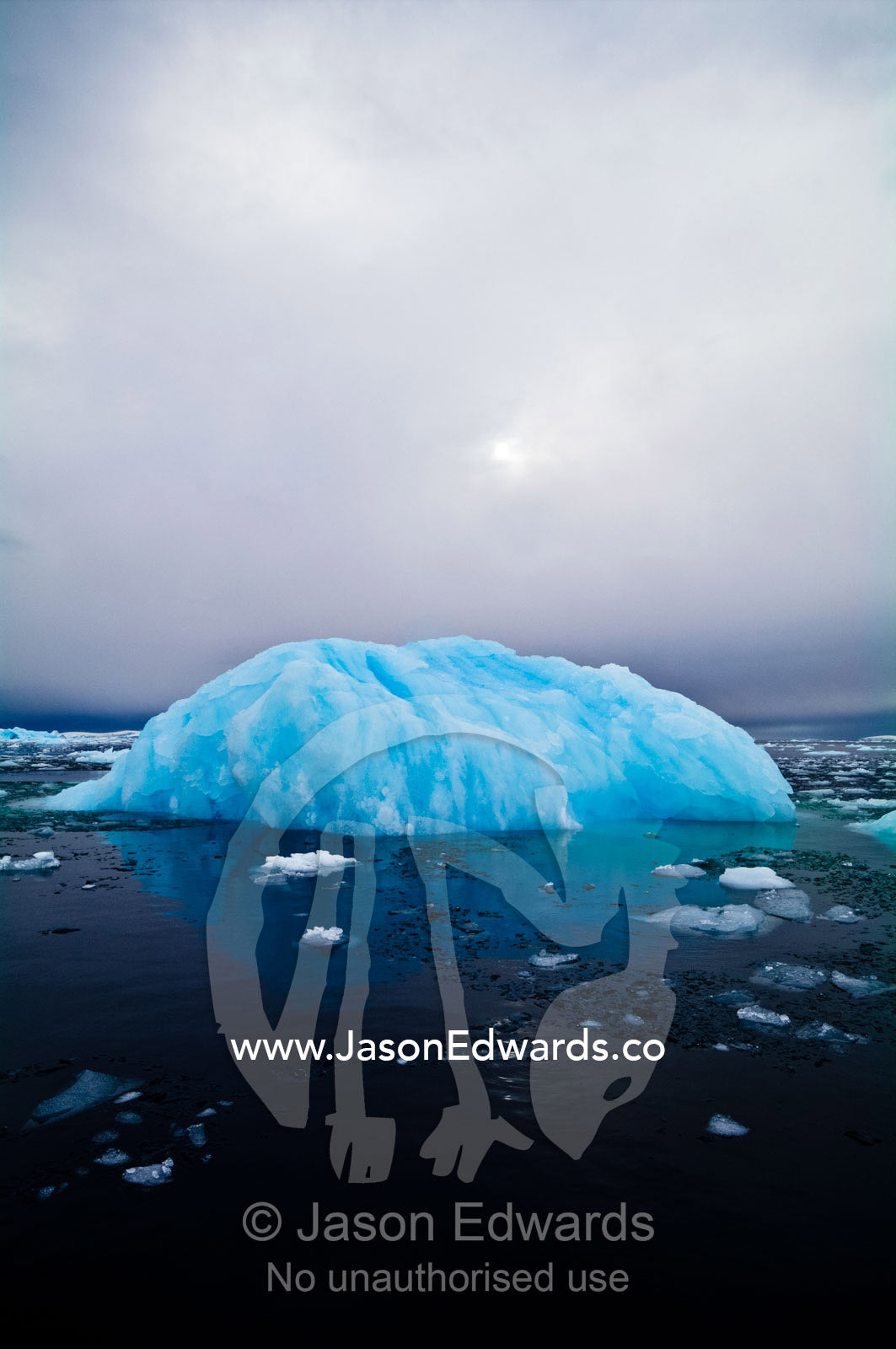 The sun casts ghostly reflected light over an iridescent blue iceberg. Fish Islands, Flouder Island, The Minnows, Crystal Sound, Antarctic Peninsula, Antarctic Circle, Antarctica.