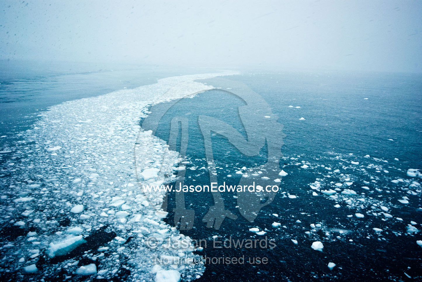 Icebergs float on a sea current in a blizzard beneath a grey sky. Gerlache Strait, Graham Land, Antarctic Peninsula, Antarctica.