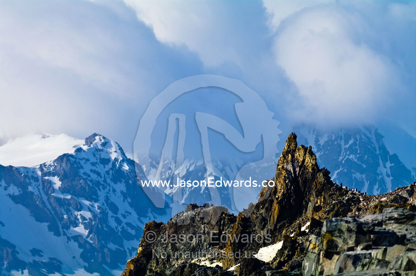 A nesting rookery of Chinstrap Penguins on a sheer mountain ridge top. Half Moon Island, Burgas Peninsula, Livingston Island, Errera Channel, South Shetland Islands, Antarctic Peninsula, Antarctica.