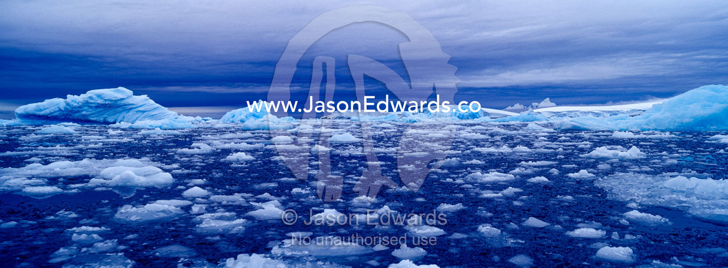 Crushed ice and fractured icebergs on a sea beneath a brooding storm. Fish Islands, The Minnows, Flounder Island, Crystal Sound, Antarctic Peninsula, Antarctic Circle, Antarctica.