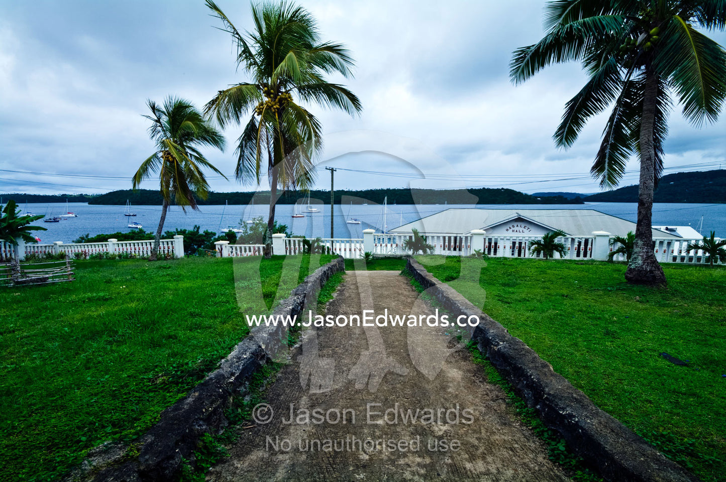 Coconut palm trees in the gardens of St Joseph's Cathedral Church. Port of Refuge, Neiafu, Vava'u Island Group, Pacific Ocean, Oceania, Kingdom of Tonga.