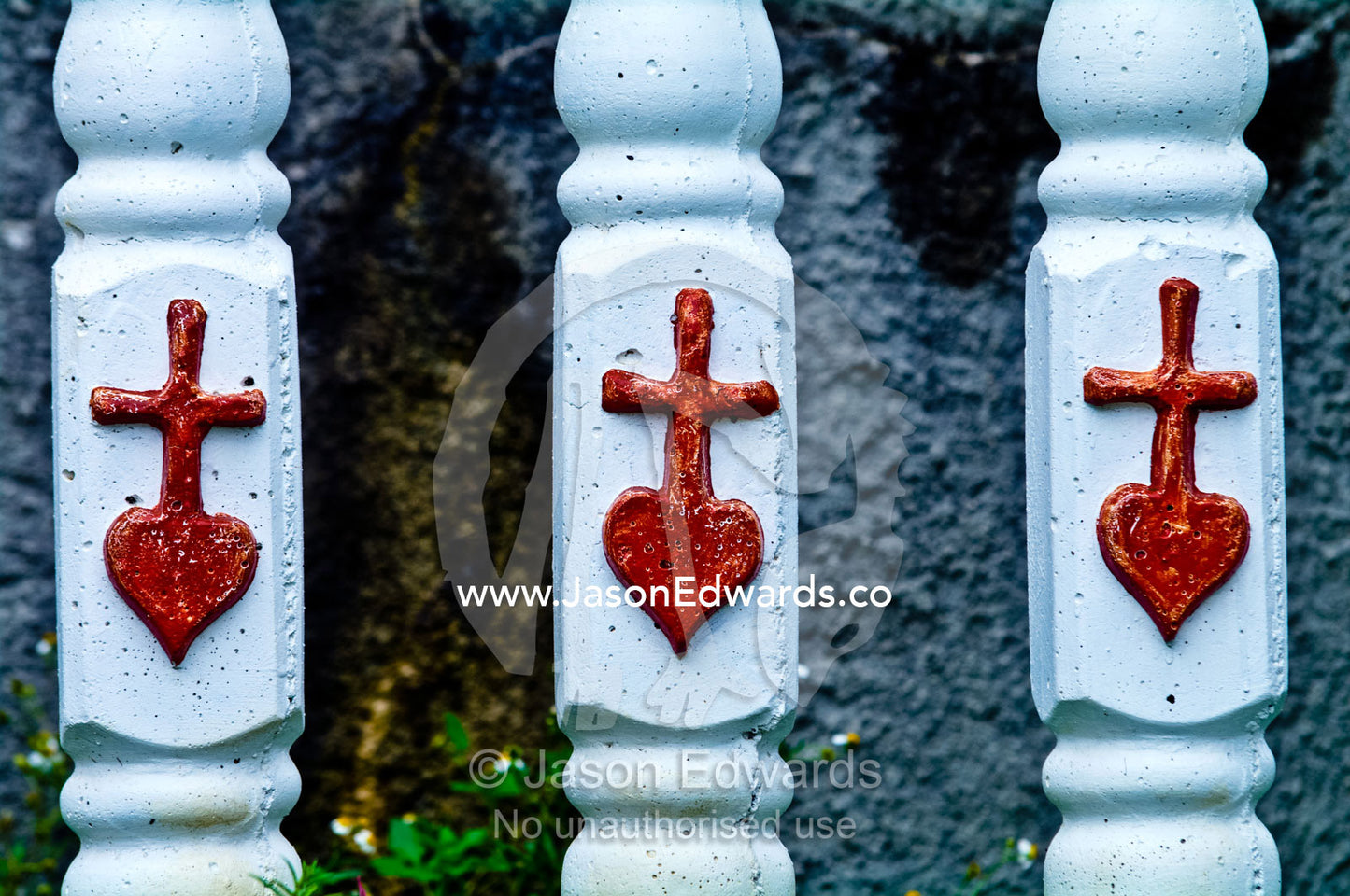 Hearts and crucifix on a fence at St Josephs Cathedral Catholic Church Port of Refuge, Neiafu, Vava'u Island Group, Pacific Ocean, Oceania, Kingdom of Tonga.
