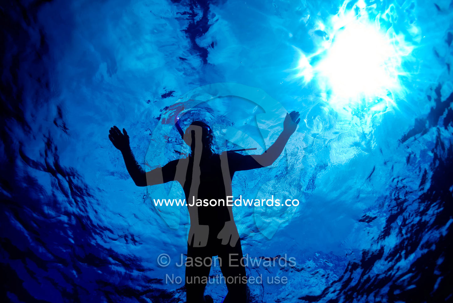 The sun shinning through the ocean surface above a floating snorkeler. Vava'u Island Group, Pacific Ocean, Oceania, Kingdom of Tonga.