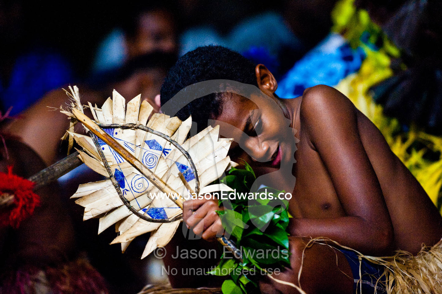 A boy performs a welcome dance ceremony using a palm leaf shield. Wiwi Village, Taveuni Island, Pacific Ocean, Fiji Islands.