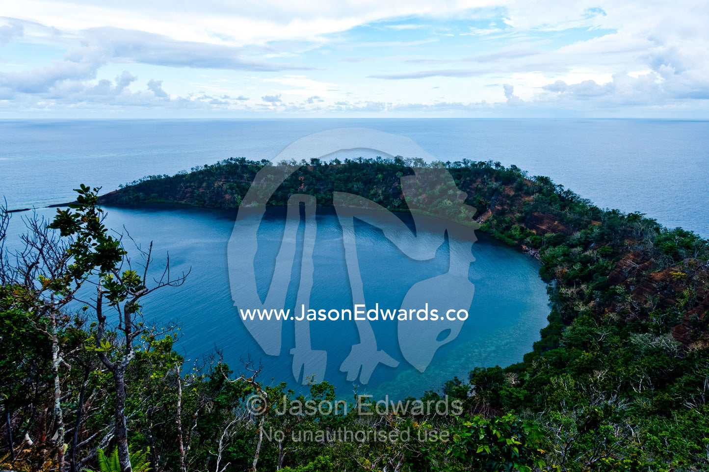 The forested slopes of an extinct volcano caldera rise from the ocean. Cobia Crater, Cobia Island, Ringgold Atolls, Pacific Ocean, Fiji Islands.