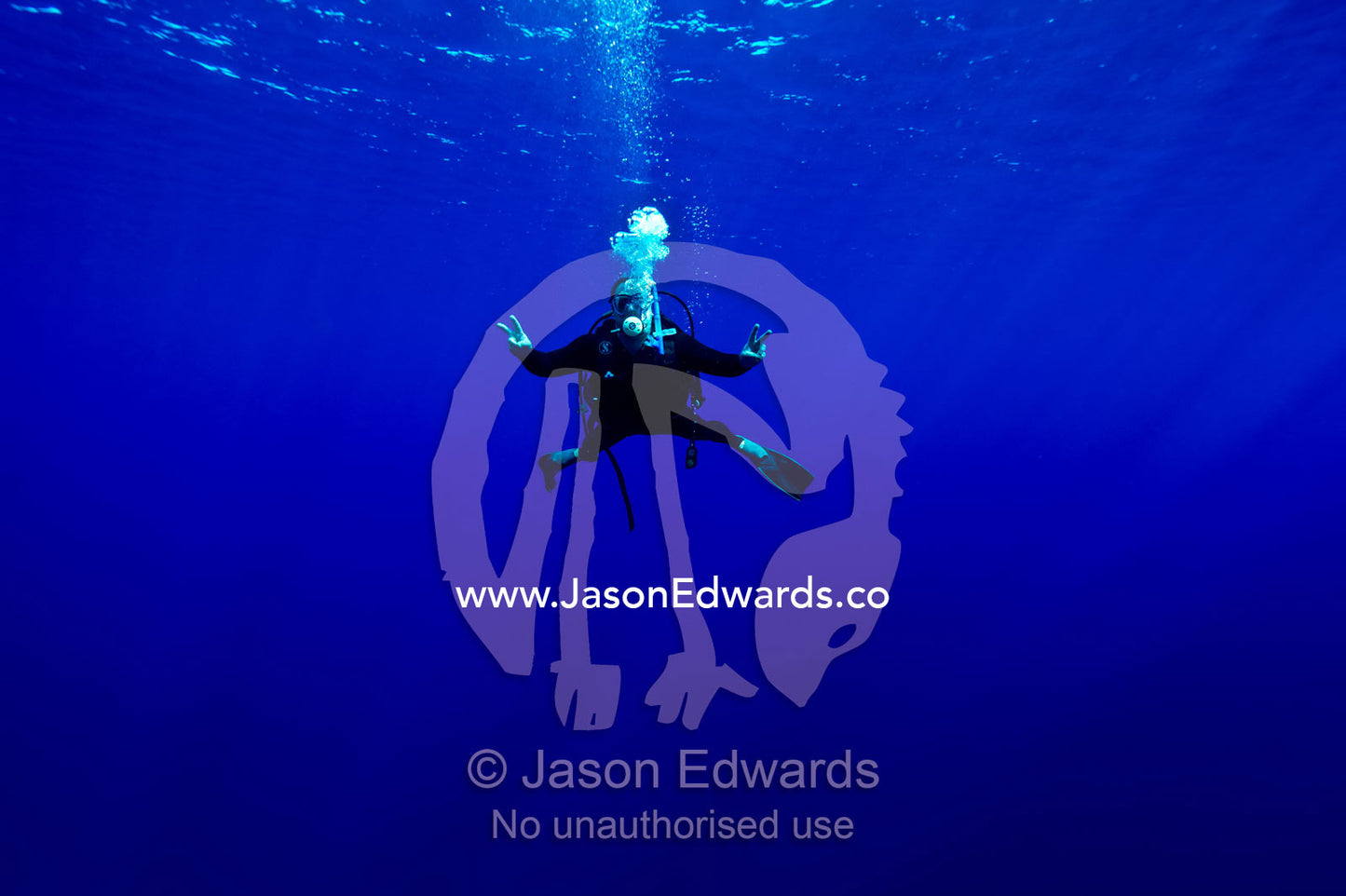 A scuba diver floats in a vast and endless blue ocean. Kokod Point, Ringgold Atolls, Pacific Ocean, Fiji Islands.