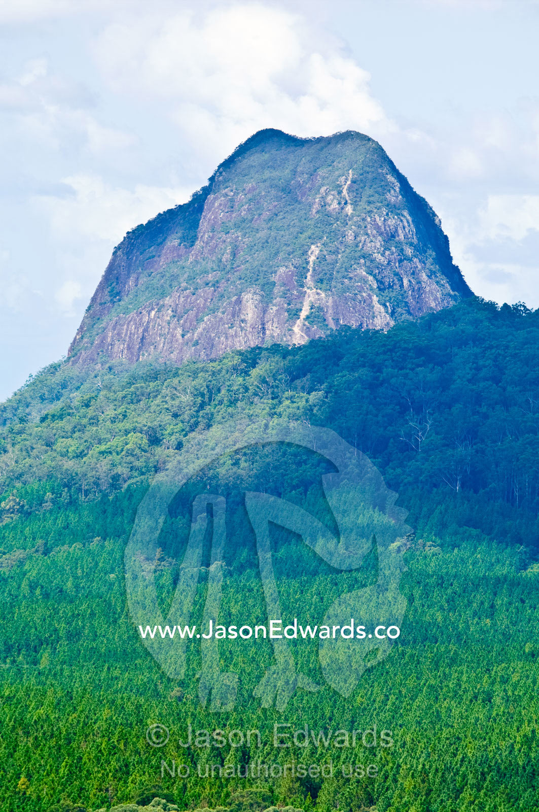 An eroded ancient volcanic plug rises above a forested plain. Mount Tibrogargen, Glass House Mountains, Brisbane, Queensland, Australia.