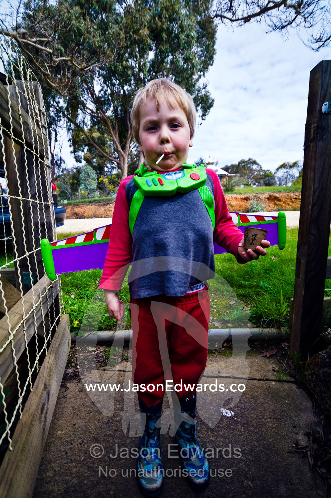 A boy proudly displays his costume wings sucking a lollypop. Castlemaine, Victoria, Australia.