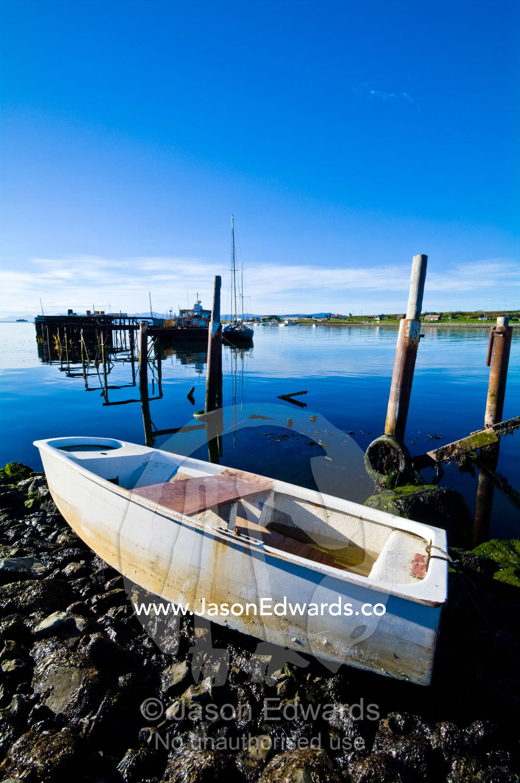 A small paddle boat beached on the rocky shore of a fishing village. The Beagle Channel, Tierra del Fuego Archipelago, Strait of Magellan, Tierra del Fuego Province, Patagonia, Argentina.