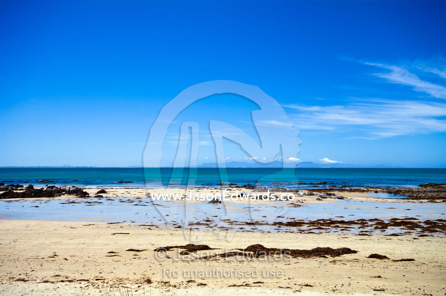 Rock pools scattered along a beach exposed by the low tide. Walkerville, Bass Strait, South Gippsland, Victoria, Australia.