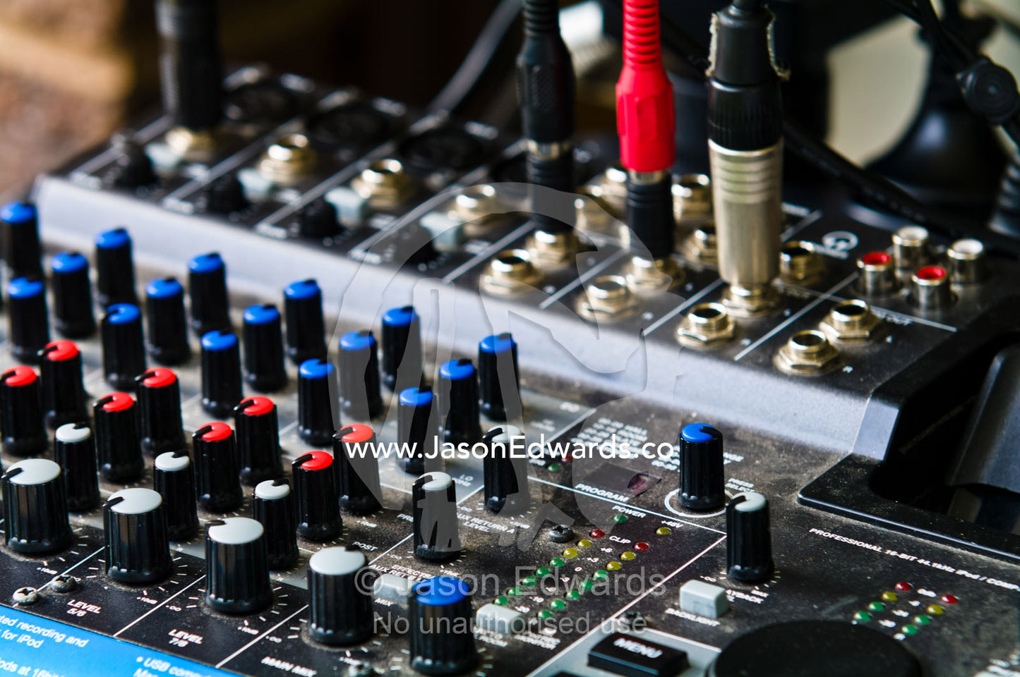 The equalizer knobs and inputs on a portable mixer Park Orchards, Melbourne, Victoria, Australia.