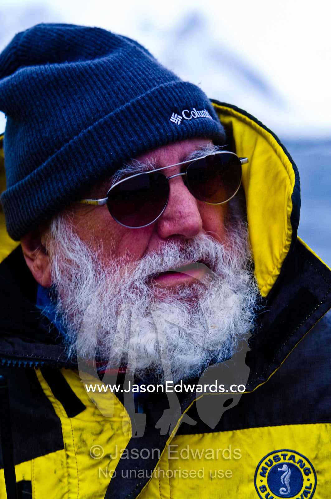 A veteran Antarctic glaciologist's weathered features and white beard. Vernadsky Antarctic Research Base, Galindez Island, Argentine Islands, Faraday Islands, Antarctic Peninsula, Antarctica.