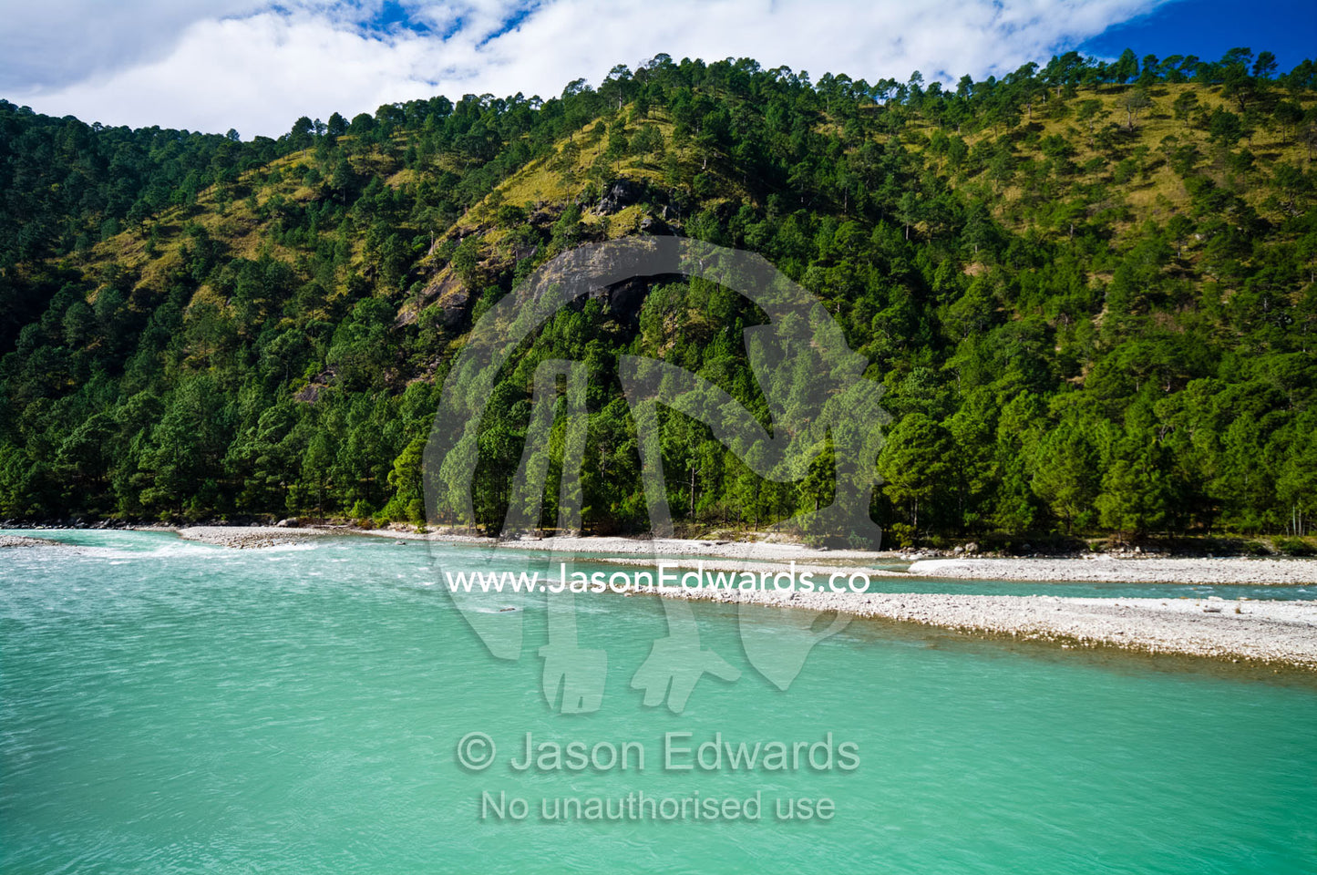 The turquoise waters of an alpine river flow from the Himalaya through a forested valley home of the White-bellied Heron. Punakha River, Punakha Valley, Punakha-Wangdiphodrang District, Bhutan.