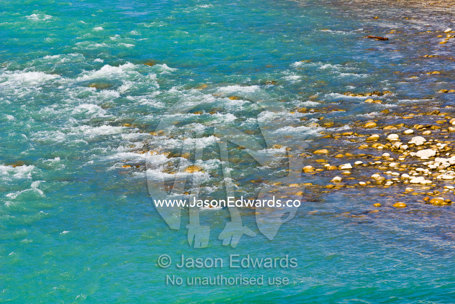 Turquoise rapids from an alpine river flow over river stones next to a Buddhist monastery. Punakha Dzong, Punakha dzongkhag, Punakha District, Bhutan.