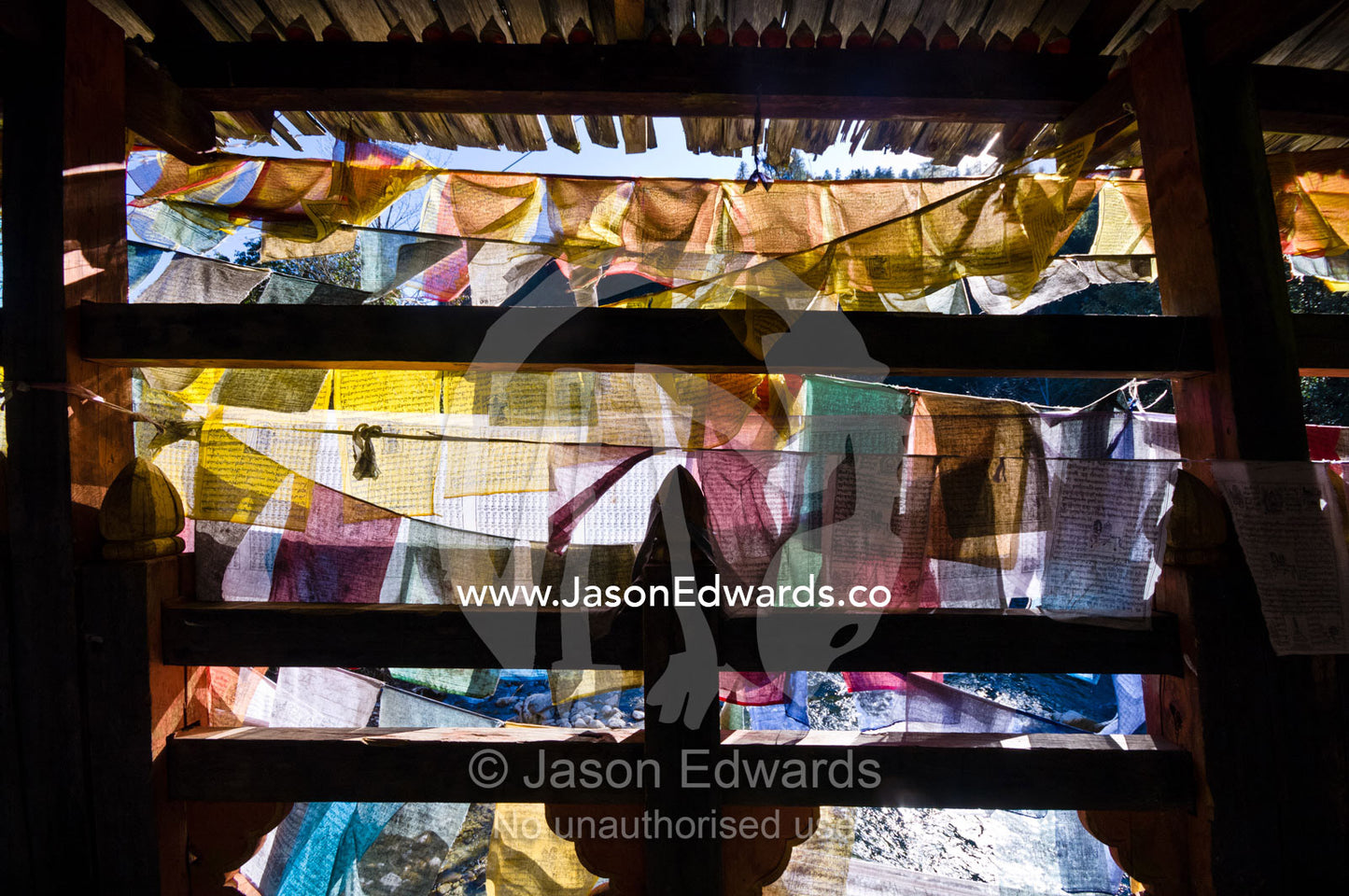 Colorful prayer flags shade a river footbridge in dappled light on the way to a Buddhist monastery. Cheri Monastery, Chagri Dorjeden Monastery, Thimphu, Thimphu District, Bhutan.