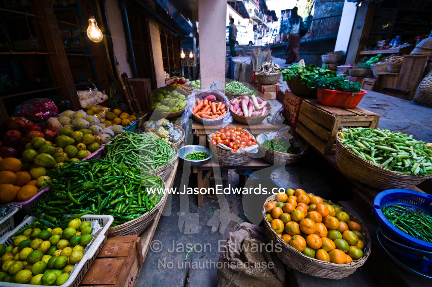 Fresh, organic fruit and vegetables for sale at a grocery store in a Himalayan town. Thimphu, Thimphu District, Bhutan.