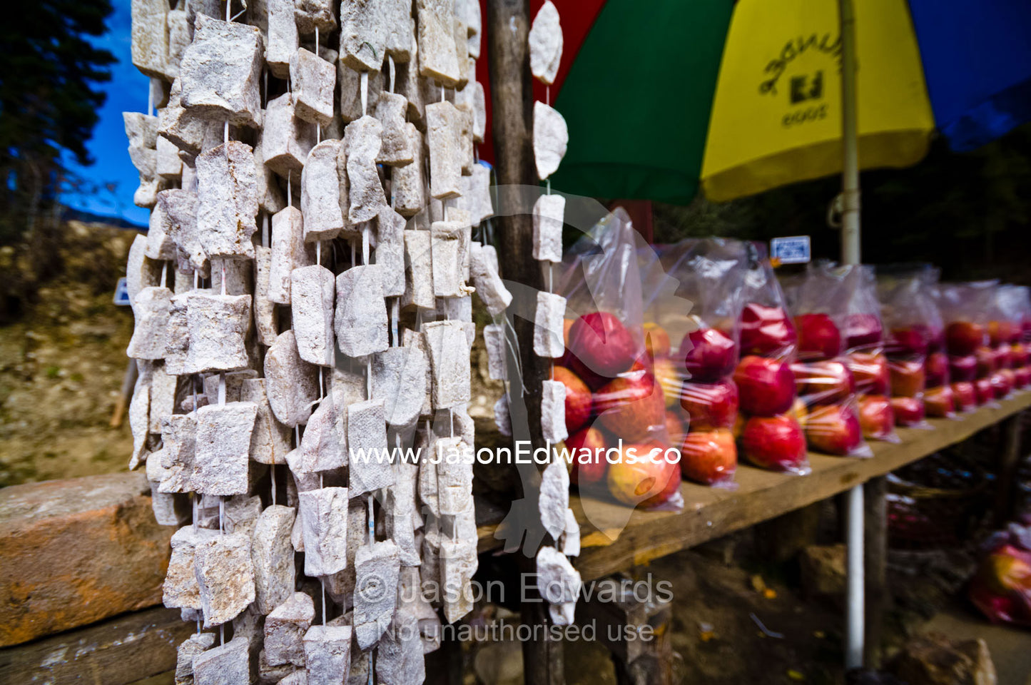 Dried Yak cheese for sale at a roadside stall in a Himalaya valley. Dochula Pass, Thimphu District, Bhutan.